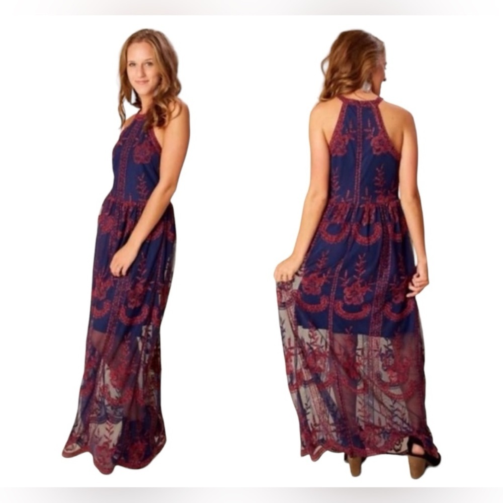 Altar'd State Blue and Red Halter Maxi Mesh dress size S